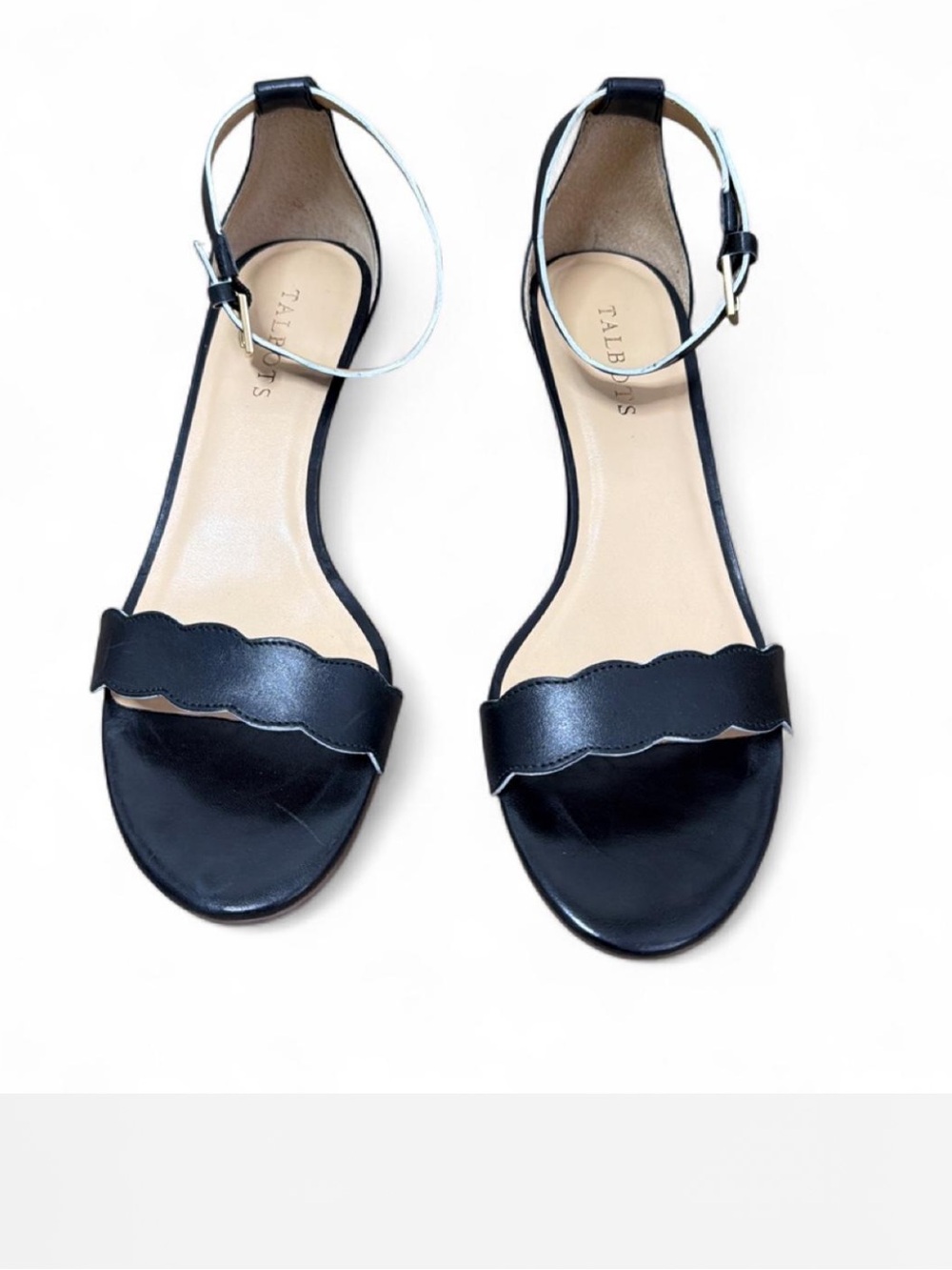 Talbots Black Scalloped Ankle-Strap Leather Sandals kitten Heel Size 8.5 M
